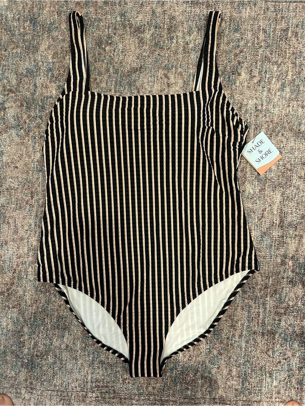 Shade & Shore Black and Tan Vertical Stripe One-Piece Swimsuit (16/XL)
